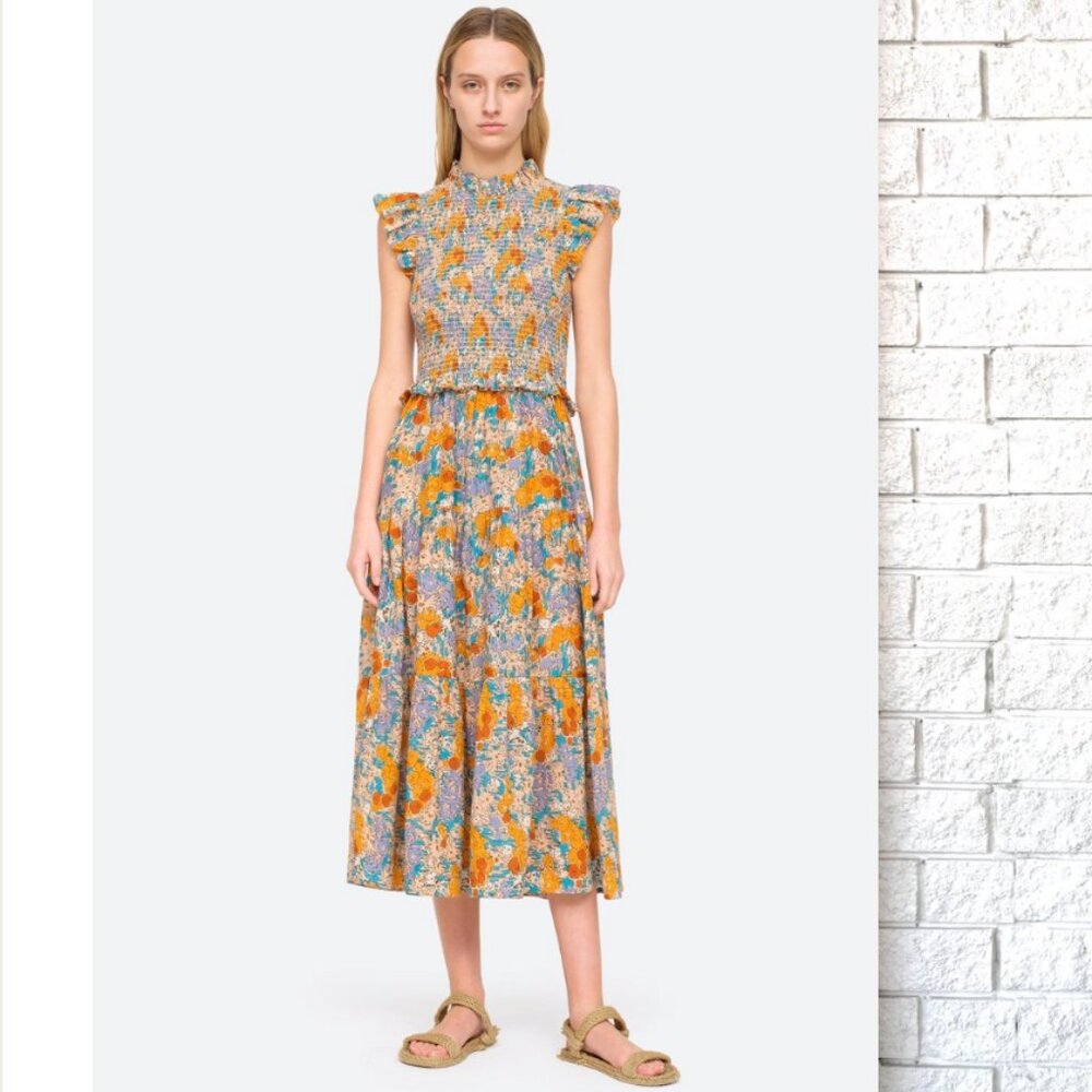 Sea New York Floral Midi Dress - Orange and Blue